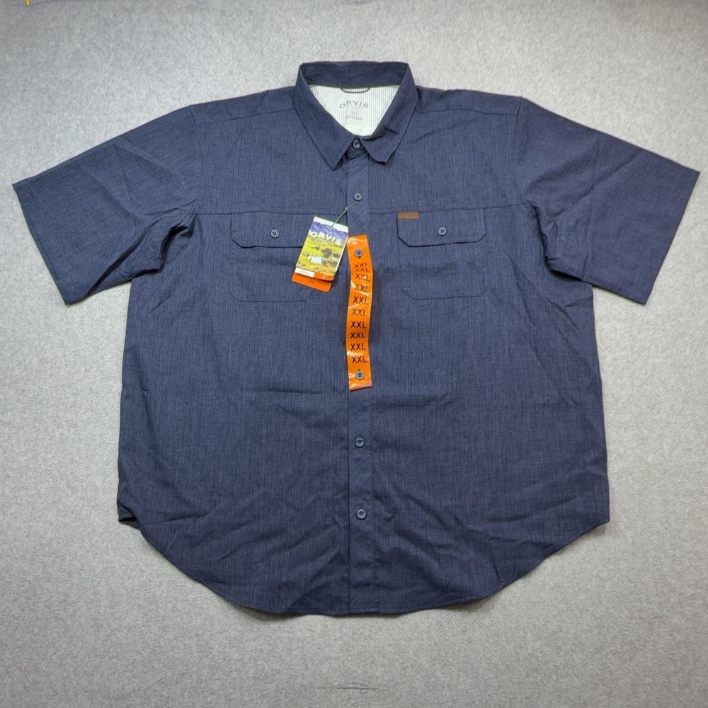 Orvis Tech Chambray Shirt Mens XXL Blue Short Sleeve Quick Dry UPF 30 Outdoor
